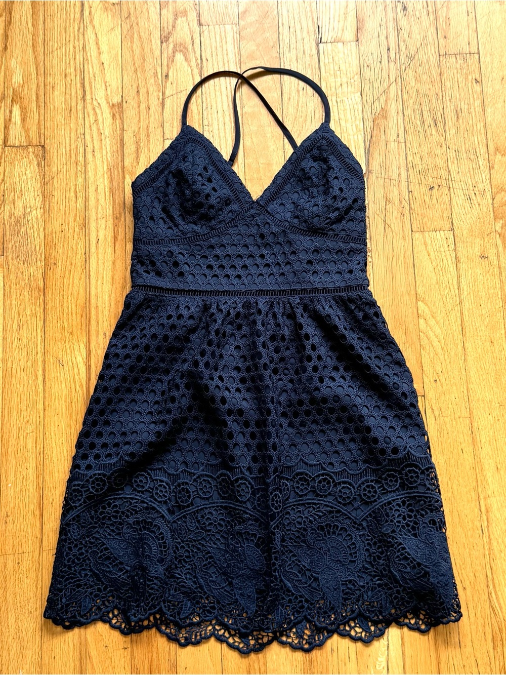 Abercrombie & Fitch Navy Blue Crochet Mini Dress with Spaghetti Straps